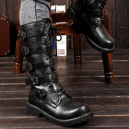 flowersverse-New Men's Leather Motorcycle Boots Military Boots Gothic Belt Punk Boots Men's Shoes Outdoor Tactical Military Boots