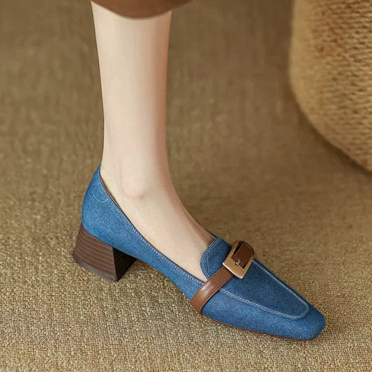 flowersverse-Retro Denim Mid-heel Loafers Women Pumps Belt Buckle Square Head Shallow Casual Women Shoes Blue Comfort Chunky Mule Shoes Women