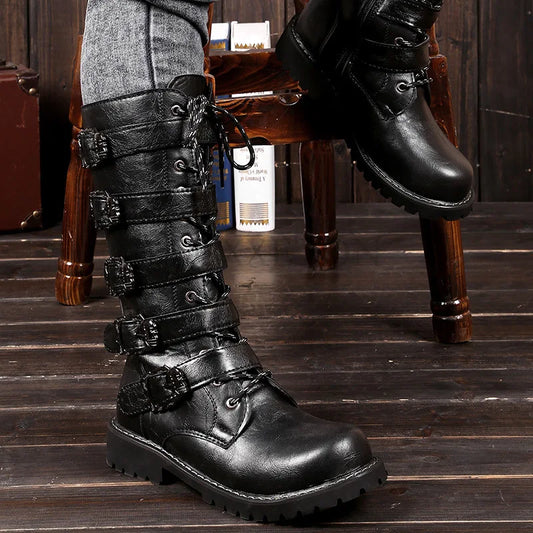 flowersverse-New Men's Leather Motorcycle Boots Military Boots Gothic Belt Punk Boots Men's Shoes Outdoor Tactical Military Boots