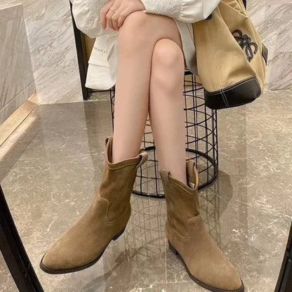 flowersverse-Soft Leather Retro Cowboy Boots New Fall Winter 2024 Western Jeans Boots Pointy Toe Comfy Chunky Brown Frosted Boots for Women