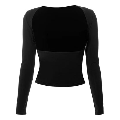 flowersverse-Backless Sexy Black T-shirts Women Autumn Long Sleeves Crop Top Casual Streetwear Bodycon Fashion Solid Basic T-shirts Female