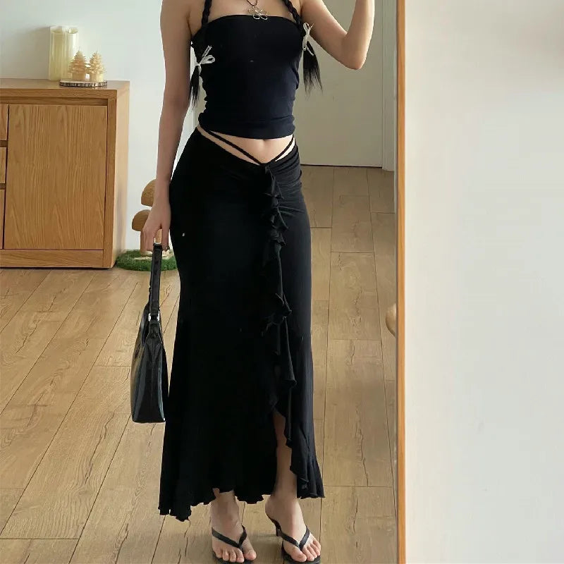 flowersverse-Summer Women's Skirt Lace-up Folds Black Streetwear Casual Fashion Slim High Wais Straight Skirt Party Sexy Ankle-Length Skirts