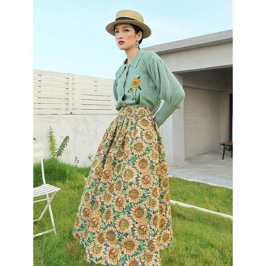 flowersverse Back to school outfit Van Gogh Skirt  Spring Autumn New Style Cover Meat Slimming Retro Elegant Sunflower Jacquard High Waist Skirts