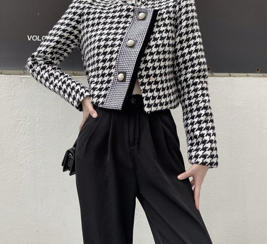 flowersverse Back to school outfit Chic Short Coat Woman Autumn New Ins Fashion Vintage Plaid Loose Stand Collar Buttons Stitching Versatile Jacket