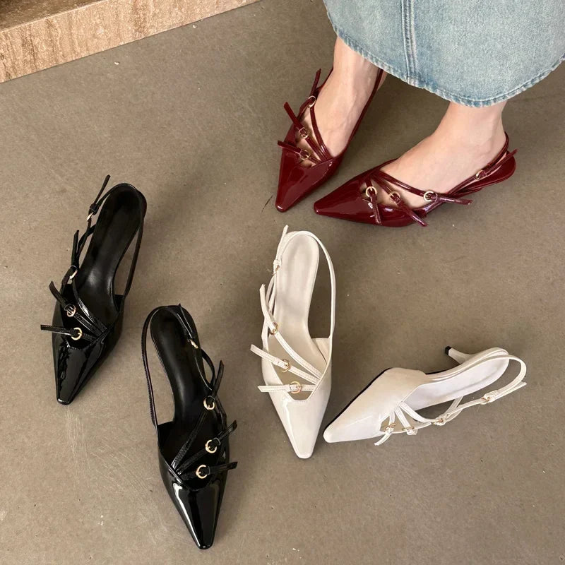 flowersverse- Designer Narrow Band Buckle Strap Pumps Women Sexy Pointed Toe Thin Heels Wedding Banquet Dress Mule Ladies Shoes