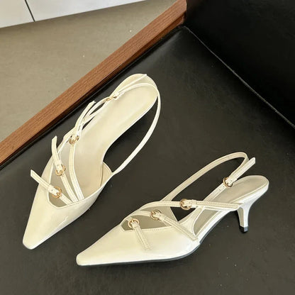 flowersverse- Designer Narrow Band Buckle Strap Pumps Women Sexy Pointed Toe Thin Heels Wedding Banquet Dress Mule Ladies Shoes