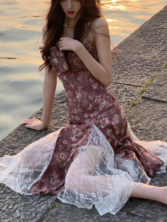 flowersverse Back to school outfit French Floral Vintage Strap Dress Women Chic Elegant Lace Sexy Fashion Fairy Dress Beach Style 2 Piece Dress Set Summer