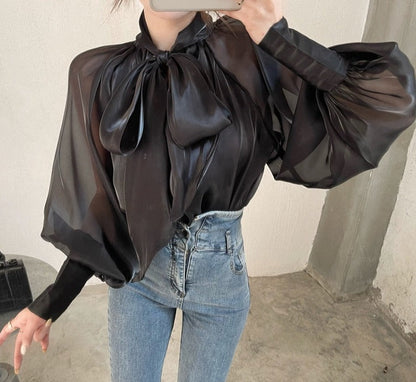 flowersverse Back to school outfit Women Shirts Spring Autumn French Sexy Temperament Female Bow-Tie Shiny Feeling Slightly Transparent Loose Blouse