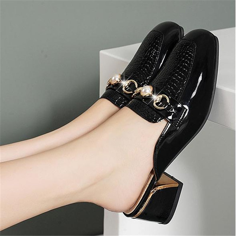 flowersverse Women Baotou Half Slippers Fashion Metal Chain Square Toe Thick Heel British Style Office Casual Shoes Spring Summer