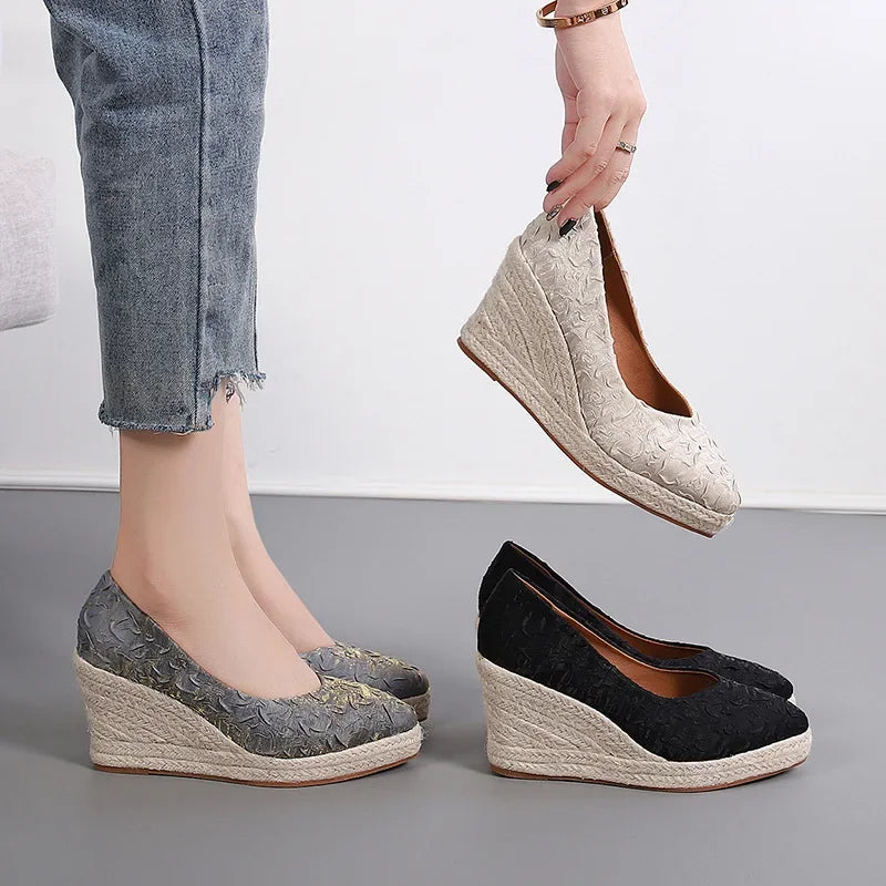 flowersverse-New Pointed Shallow Mouth Women Wedge Heel Thick Sole Single Shoes Women Straw Woven Twine rope sole Spring Autumn Shoes