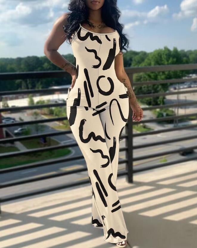 flowersverse Women's Jumpsuit Summer Fashion Tie Dye Print U Neck Sleeveless Casual Pocket Design Skinny Daily Long Jumpsuit Woman Clothes