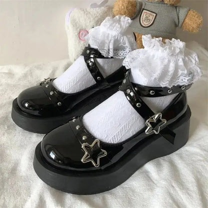 flowersverse-Shoes Lolita shoes Women heels platform mary janes Star Buckle Strap Mary Janes Women Cross-tied Girls Rivet Casual kawaii shoes