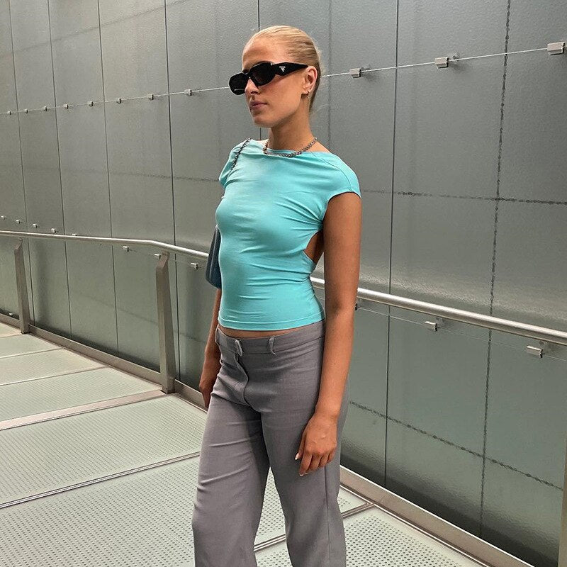 Aomzae Backless Crop Top T-shirt Women Y2K Top   Summer Short Sleeve    T Shirt Fashion Casual Cotton T-shirts Streetwear