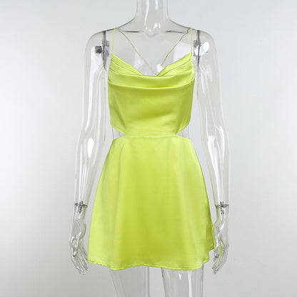 flowersverse Spaghetti Strap Backless Satin Dress   Cut Out Mini Summer Dresses For Women   Elegant Cowl Neck Party Dress Green Black