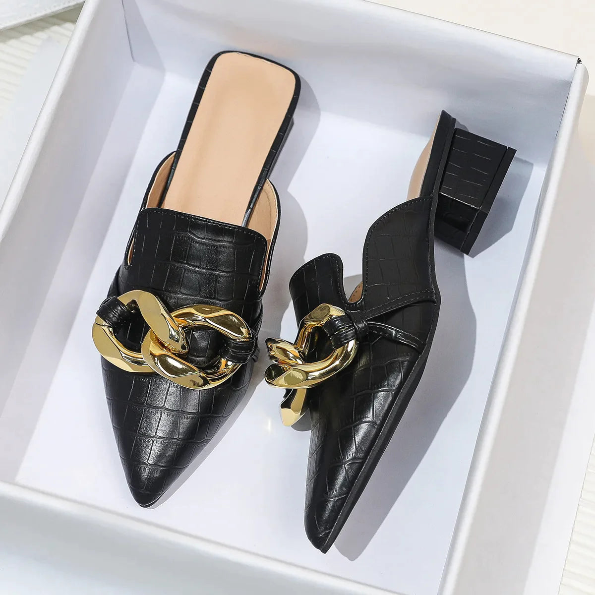 flowersverse-Chunky Chain Heel Mule Shoes Black Slippers Women Pointed Toe Fashion Slides Women Plus Size 44 High Heeled Designer Shoes Women