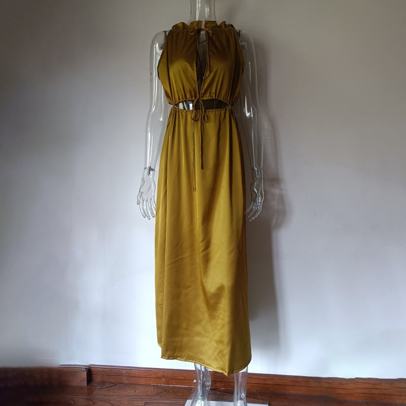 flowersverse Back to college Elegant O Neck Satin Lace Up Long    High Waist Hollow Out Sleeveless   Maxi Dress Party Dresses