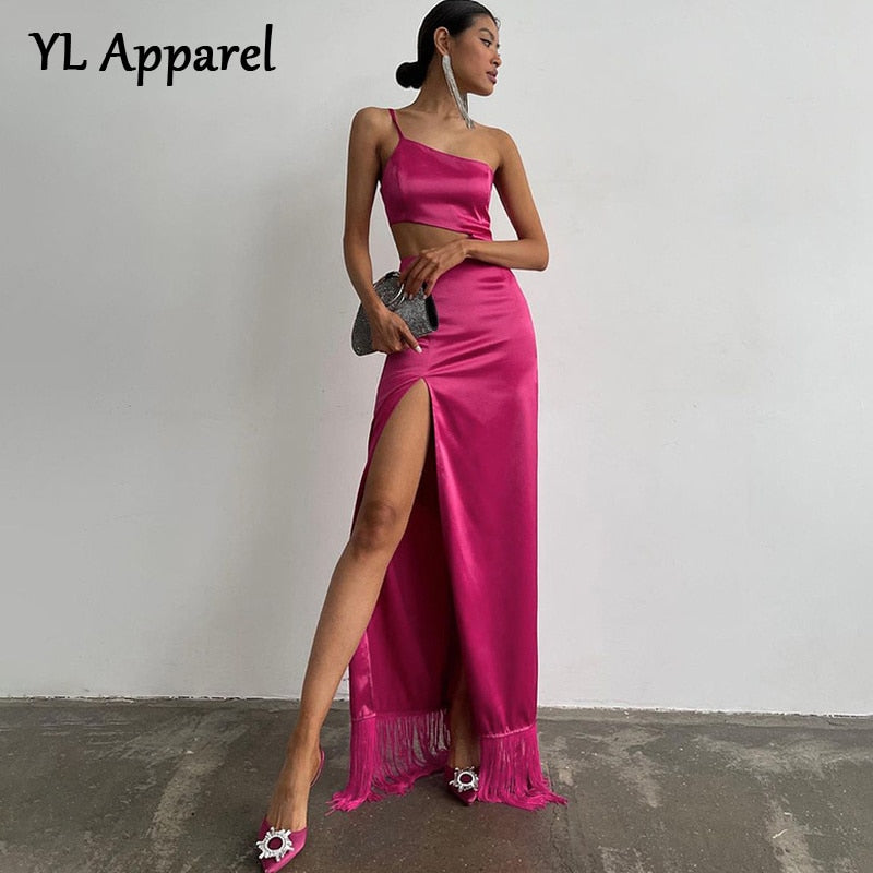 Graduation Gift Big Sale  Elegant Women   Summer Diagonal Tassels Long Slip Party Dresses   Off Shoulder Hollow Out High Split Maxi Evening Dress