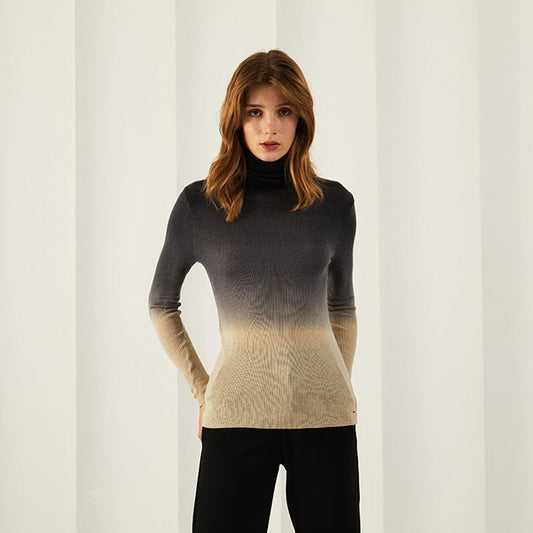 flowersverse Black White Gradient Pullover Turtleneck Sweater Vintage Casual Autumn Winter Warm Long Sleeve Knitted Slim Jumper Sweater Women