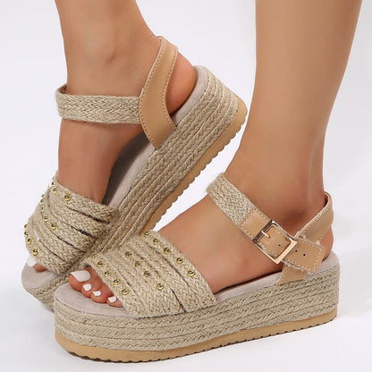 flowersverse Women's Chunky Platform Sandals Thick Bottom Rivet Espadrilles Women Shoes  Summer Weaving Gladiator Sandals Woman Plus Size