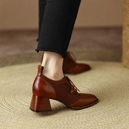 flowersverse NEW Spring Women Pumps Round Toe Chunky Heel Shoes for Women Split Leather High Heels Solid Splicing Lace-up Shoes Handmade Shoe