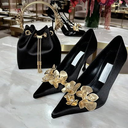 flowersverse-Golden Flowers High Heels Women Silk Luxury Designer Sandal Metallic Flower Square Toe Pointed Fine Heel Party Dress Shoes Pumps