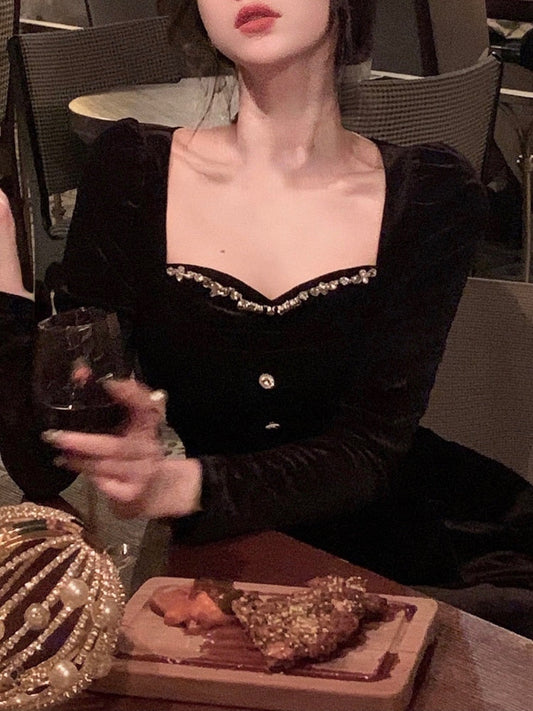 flowersverse Autumn Vintage Black Velvet Dress Women Korean Fashion Elegant Midi Dress Casual Slim Long Sleeve Party Dress Woman Design