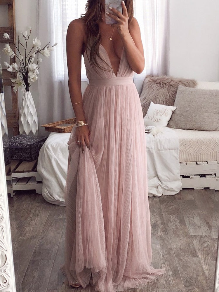 Graduation Gift Big Sale Mesh backless pink lace women blue party long dress summer Elegant v-neck even maxi dresses   split long vestido