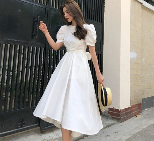 flowersverse Back to school outfit Women Dresses  Summer French Sweet Temperament Female Retro Yamamoto Puff Sleeve Fresh Cross Bow-Lace Vestidos