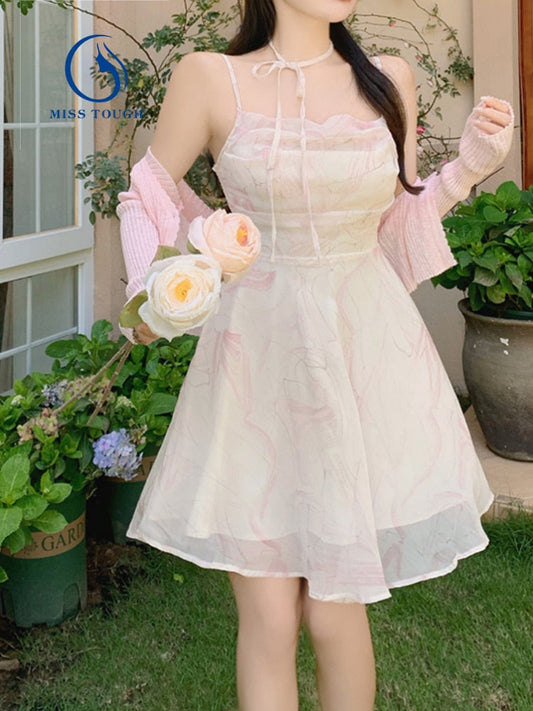 flowersverse Back to school outfit French Vintage Strap Dress Women Fairy Chic Fashion Casual Dress Beach Style Even Party Korean Slim Elegant Dress Summer