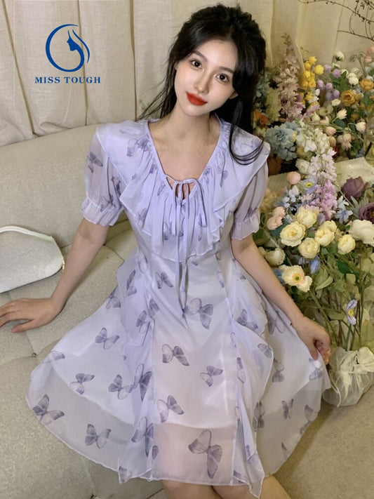 flowersverse Back to school outfit Ruffle Fairy French Dress Short Sleeve Slim Chic And Elegant Korean Fashion Mini Dress Beach Party Dresses For Women Summer