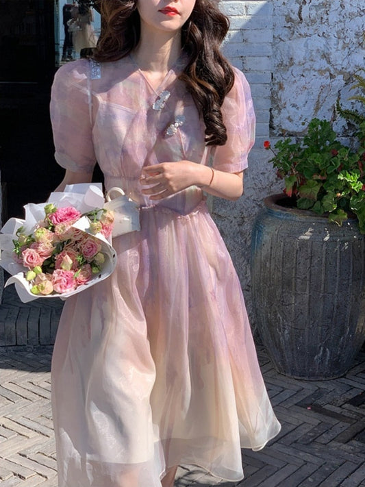 flowersverse Back to school outfit Fairy Floral Midi Dress Woman Vintage Short Sleeve Evening Party Dress Casual Elegant One Piece Dress Korea Fashion  Summer