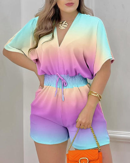 flowersverse Jumpsuit Women  Summer Fashion Batwing Sleeve Shirred Waist Casual Plain V-Neck Short Sleeve Above Knee Romper Streetwear