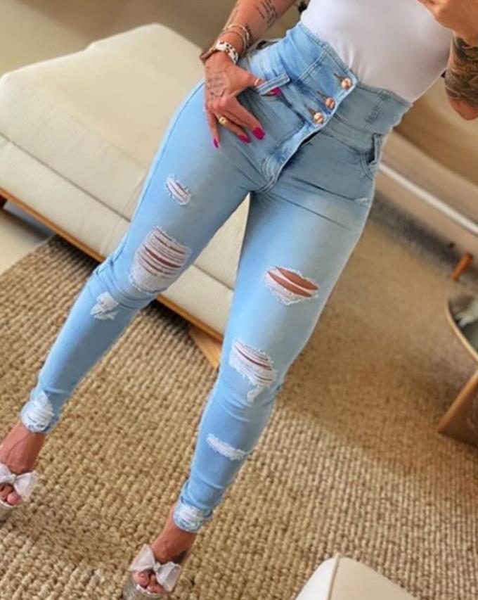 flowersverse Women's Jeans Trend Autumn Fashion High Waist Buttoned Cutout Ripped Casual Skinny Plain Pocket Design Daily Long Jeans