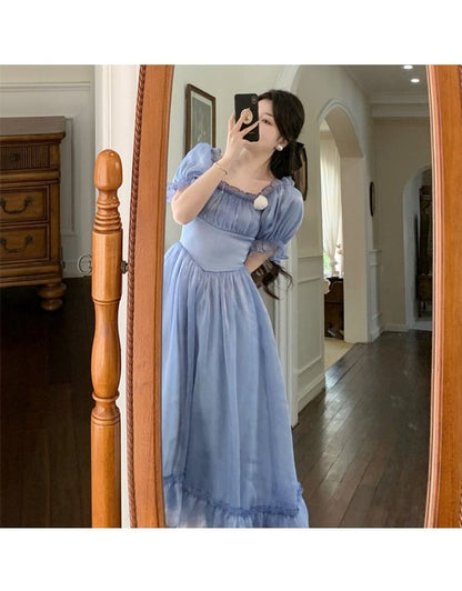 flowersverse Blue Princess Vintage Dress Women Elegant Bow Korean Fairy Midi Dress Femme Sexy Backless Lace-Up Court Evening Party Dress