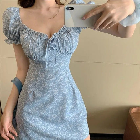 flowersverse Blue Floral Print Dress Party Bandage Bodycon Pencil Dress Elegant Female Vintage Women Sundress  Pleated Vestido Mini Dress