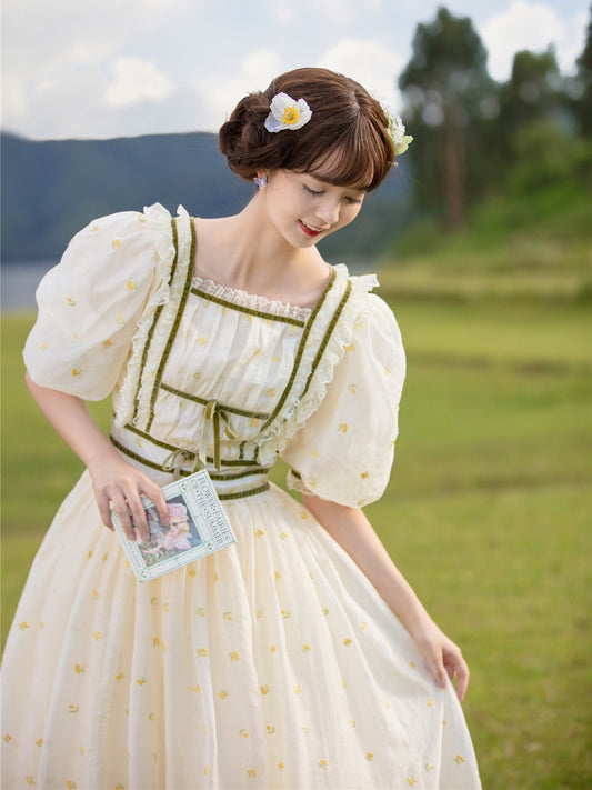 flowersverse Back to school outfit Summer Mori Girl Style Woman Dress Vintage Cottage Embroidery Flower Lace Puff Sleeve Retro Chic Princess Dresses Vestido Festa