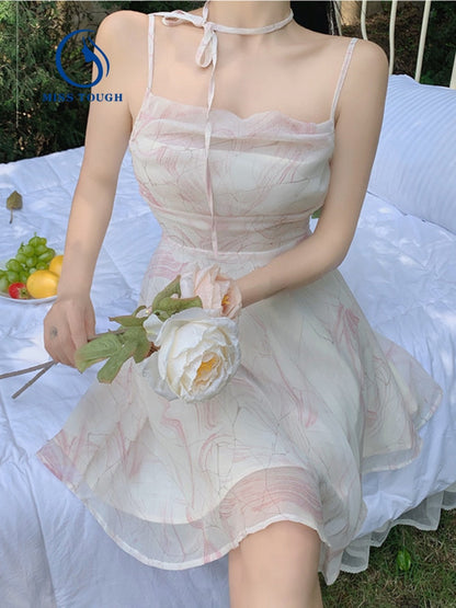 flowersverse Back to school outfit French Vintage Strap Dress Women Fairy Chic Fashion Casual Dress Beach Style Even Party Korean Slim Elegant Dress Summer