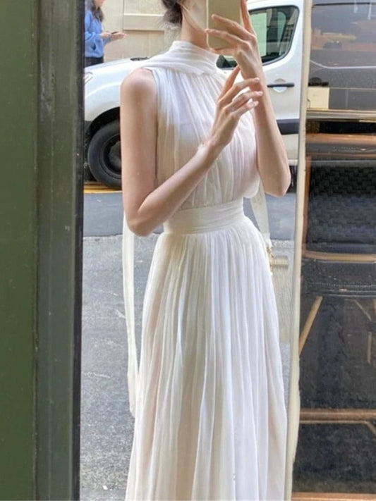 flowersverse Back to school outfit  Summer Sleeveless Beach White Dress Party Women Pure Color Elegant Midi Dress Casual Lace One Piece Dress Korean Outwear