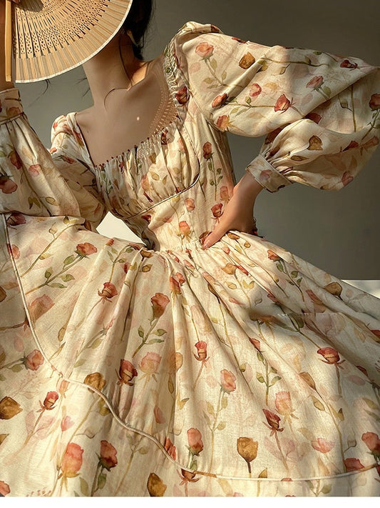 flowersverse Beach Style Elegant Floral Midi Sundress Woman Long Sleeve Y2k Mini Dress Party Casual Korean Fashion Dress Chiffon  Summer