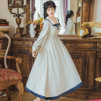 flowersverse Back to school Japan Preppy Style White Sailor Dress Woman Chic Vintage Bow Mori Girl Cottage Dresses Vestido Blanco Robe Blanche Femme