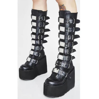 flowersverse-Punk Women Boots Ladies Cosplay High Boots Comfort Long Tube Leather Boots Black Platform High Wedges Women Shoes Gothic Style