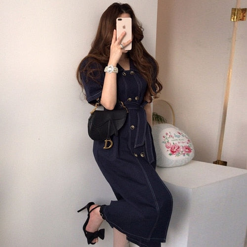 flowersverse Back to school outfit Denim Dress Women Korean Chic Summer Retro Double-Breasted Open Line Lace Waist Short-Sleeved Female Long Vestidos