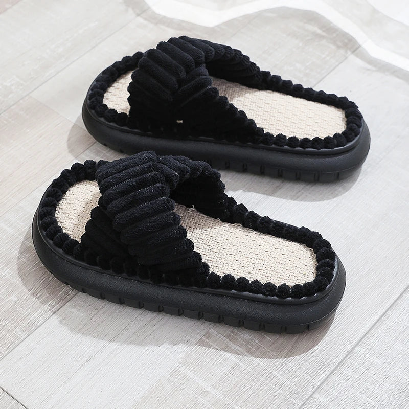 flowersverse-2024 rNew Women Home Slippers Open-Toe Cross Band Linen Soled Indoor Slides Linen Soled Non-Slip Bathroom Slippers