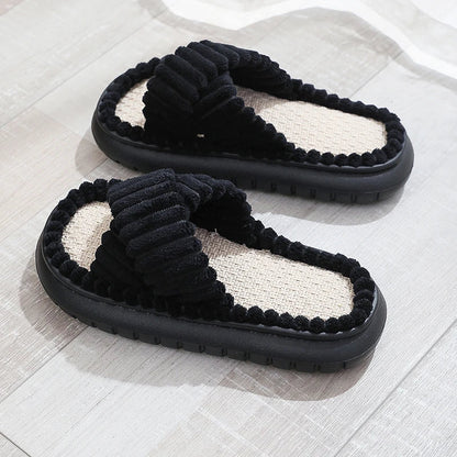 flowersverse- rNew Women Home Slippers Open-Toe Cross Band Linen Soled Indoor Slides Linen Soled Non-Slip Bathroom Slippers