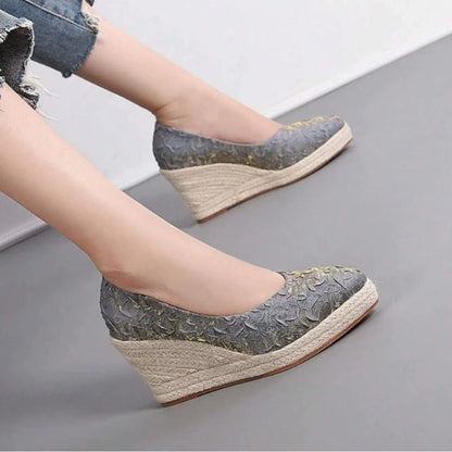 flowersverse-New Pointed Shallow Mouth Women Wedge Heel Thick Sole Single Shoes Women Straw Woven Twine rope sole Spring Autumn Shoes