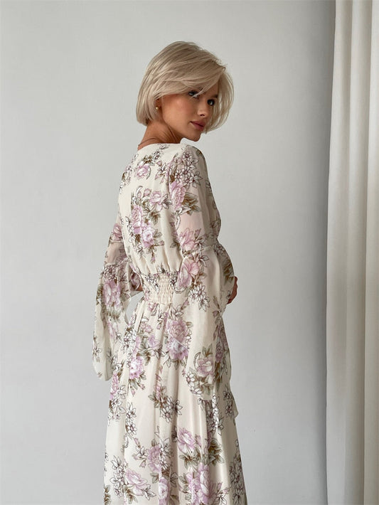 flowersverse Black White Yellow Pink Chiffon Floral Maxi Long Dresses V Neck Sexy Elegant Vintage Bandage Evening Party Dresses For Women