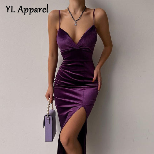 Graduation Gift Big Sale  Velvet Solid Purple Spaghetti Strap Backless Split Tight Party Dresses 2022 Women V-neck Sleeveless Streetwear Back Zipper Dress