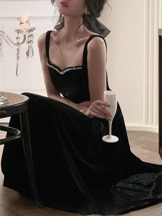 flowersverse Autumn Vintage Black Velvet Dress Women Korean Fashion Elegant Midi Dress Casual Slim Long Sleeve Party Dress Woman Design