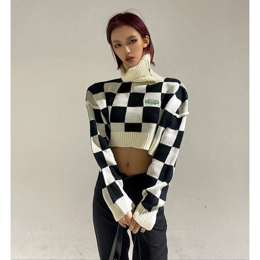 flowersverse Black White Plaid Turtleneck Sweater Knit Women Spring Autumn New Design Short Loose Off-The-Shoulder Casual Shoulder