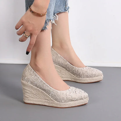 flowersverse-New Pointed Shallow Mouth Women Wedge Heel Thick Sole Single Shoes Women Straw Woven Twine rope sole Spring Autumn Shoes